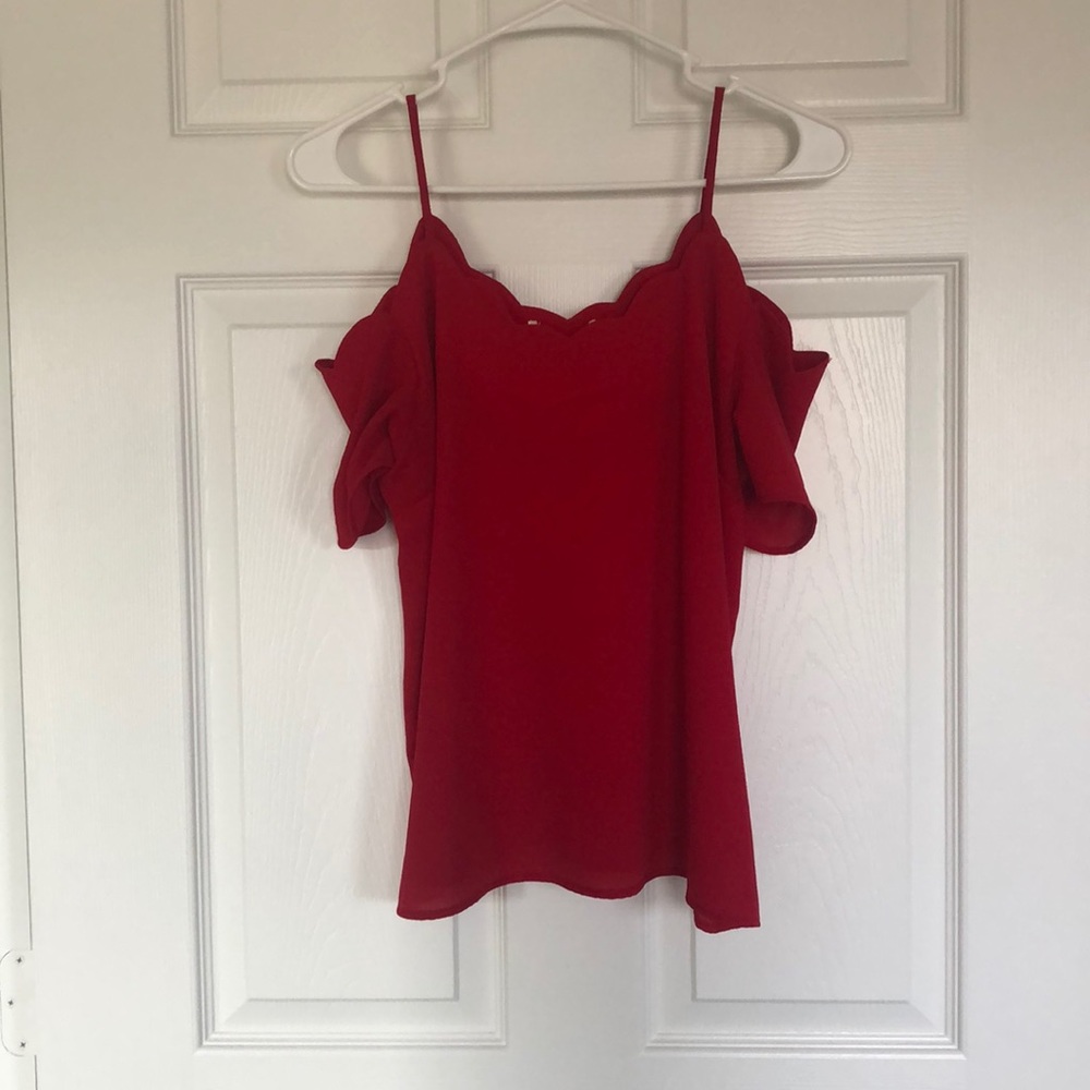 Red off the shoulder scalloped neckline shirt